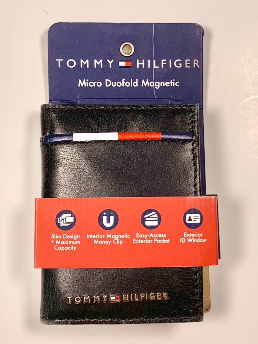 Tommy Hilfiger Logo Slim Micro Duofold Bifold Wallet Black Magnetic Money Clip